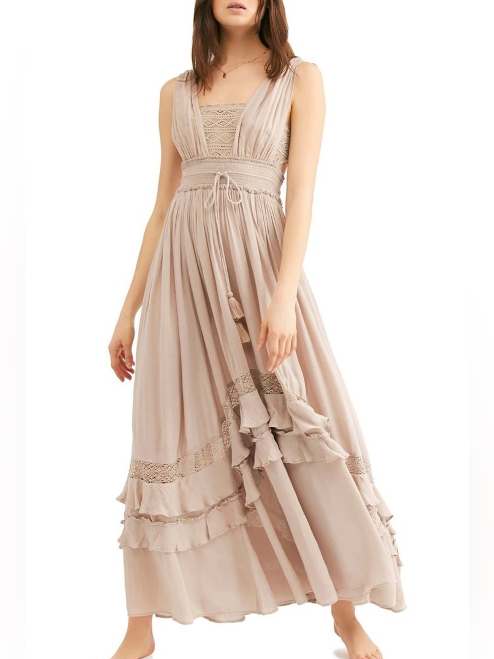 Free People Endless Summer Boho Lace-Trim Maxi Dress in Blush